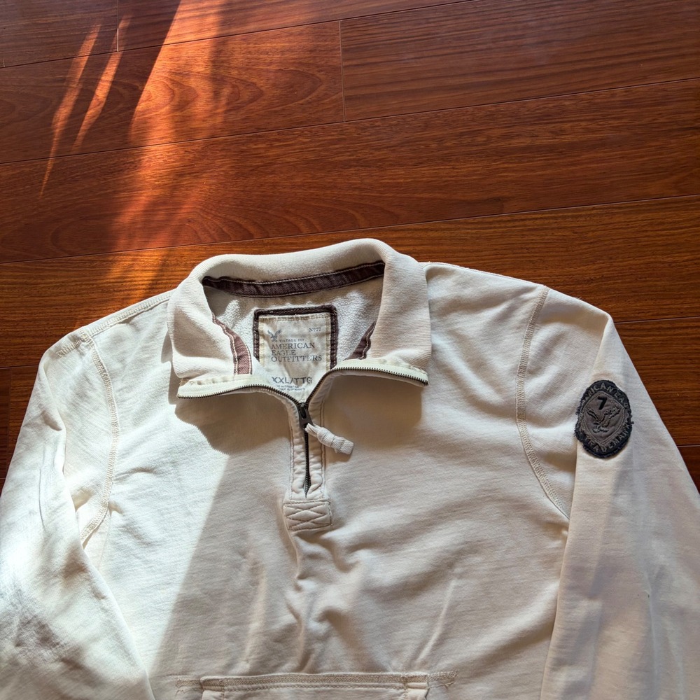 Y2K American Eagle Vintage Quarter Zip Pullover Sweatshirt Cream Off White XXL